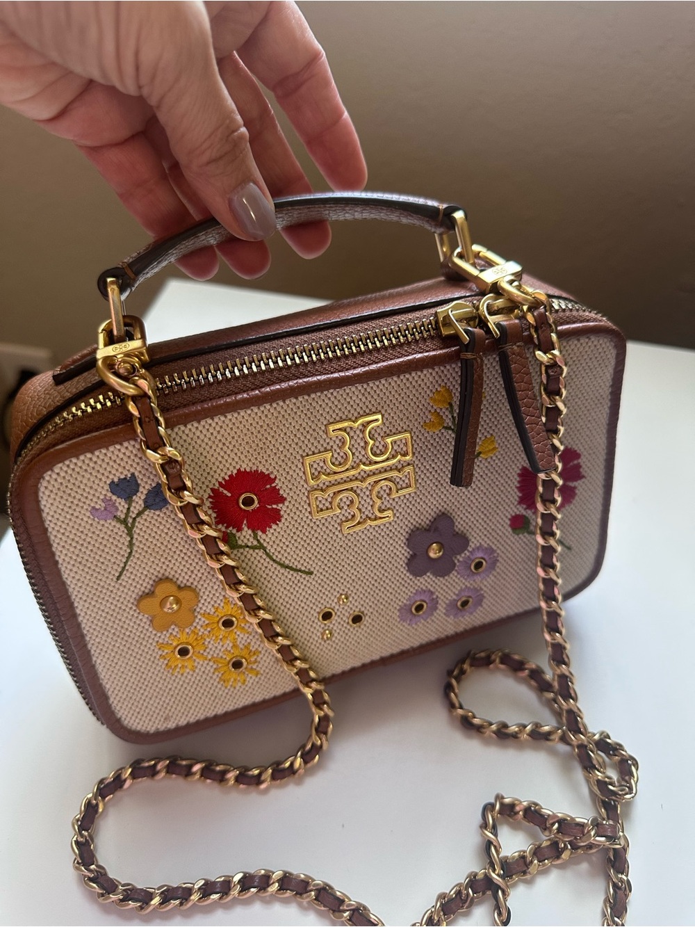 Tory Burch Floral Camera Crossbody Bag in Cream and Brown with Gold Hardware